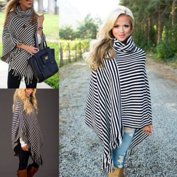 Sweaters - Chic Striped Cowl Neck Poncho - 1 left!